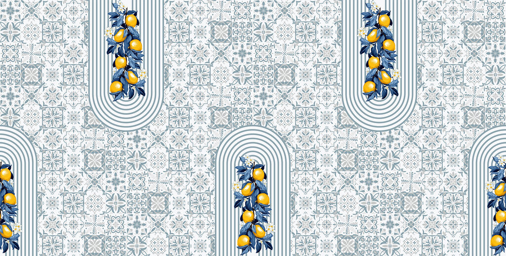Limones entre azulejos azules — diseño completo