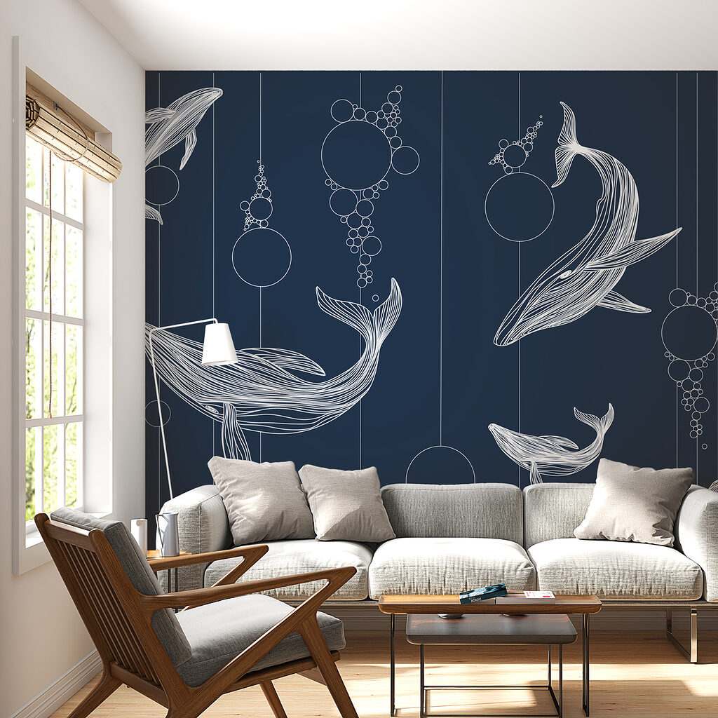 Ballenas entre círculos colgantes en un interior
