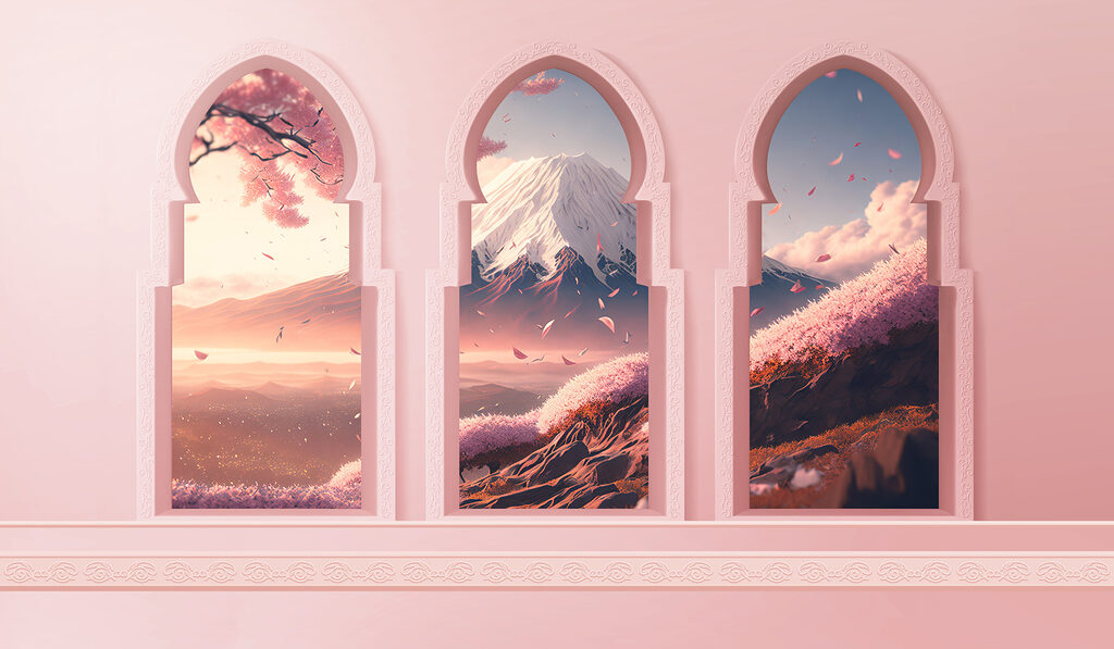 Arcos rosas sobre montañas — diseño completo