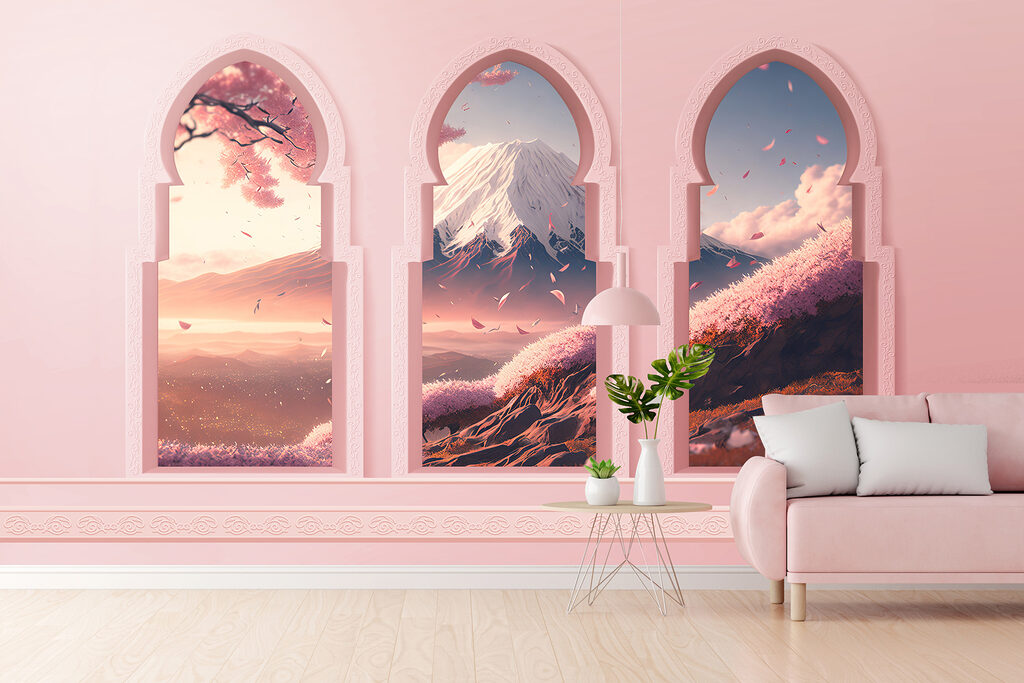 Arcos rosas sobre montañas — interior 2