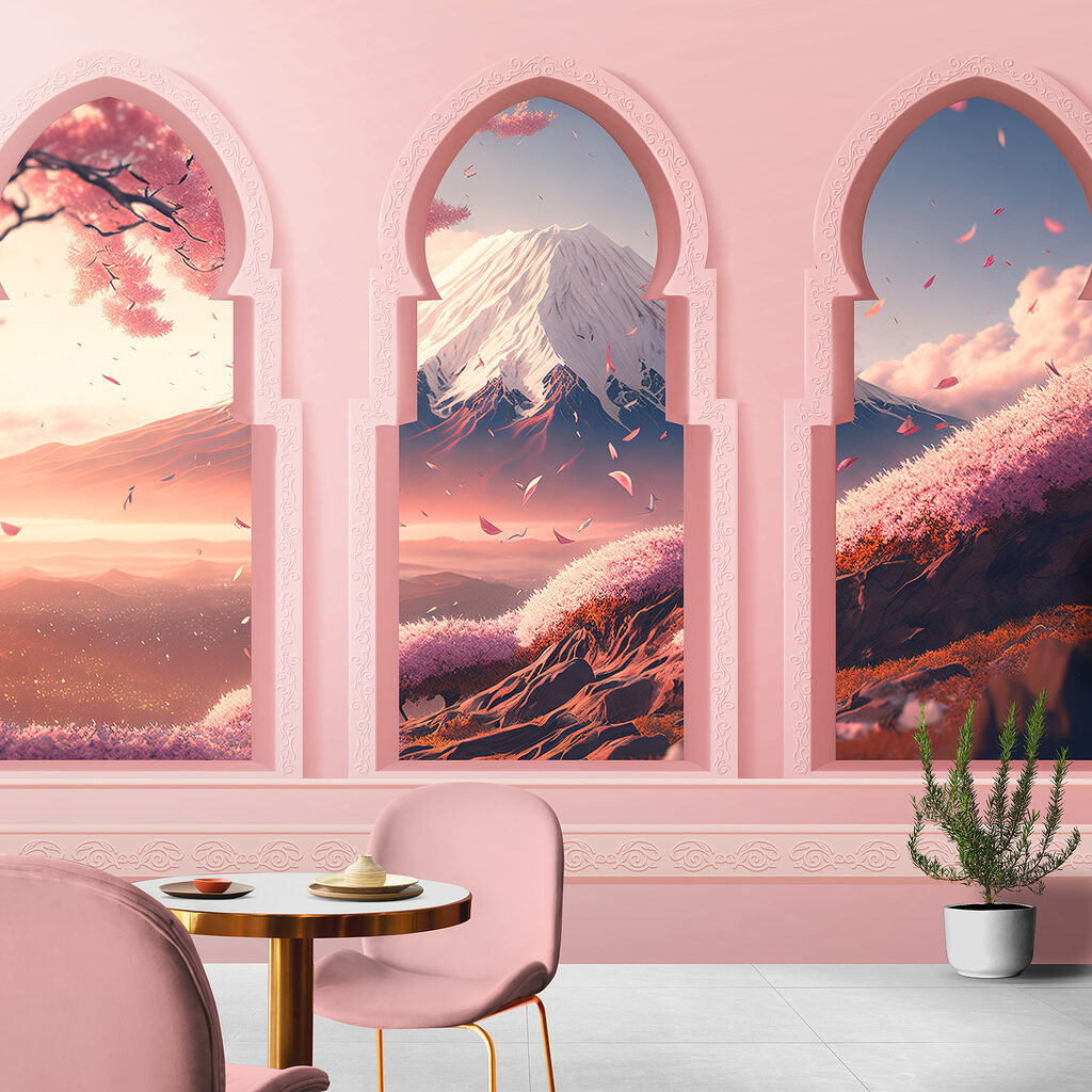 Arcos rosas sobre montañas — interior 3