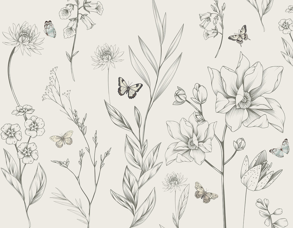 Mariposas entre flores dibujadas — diseño completo