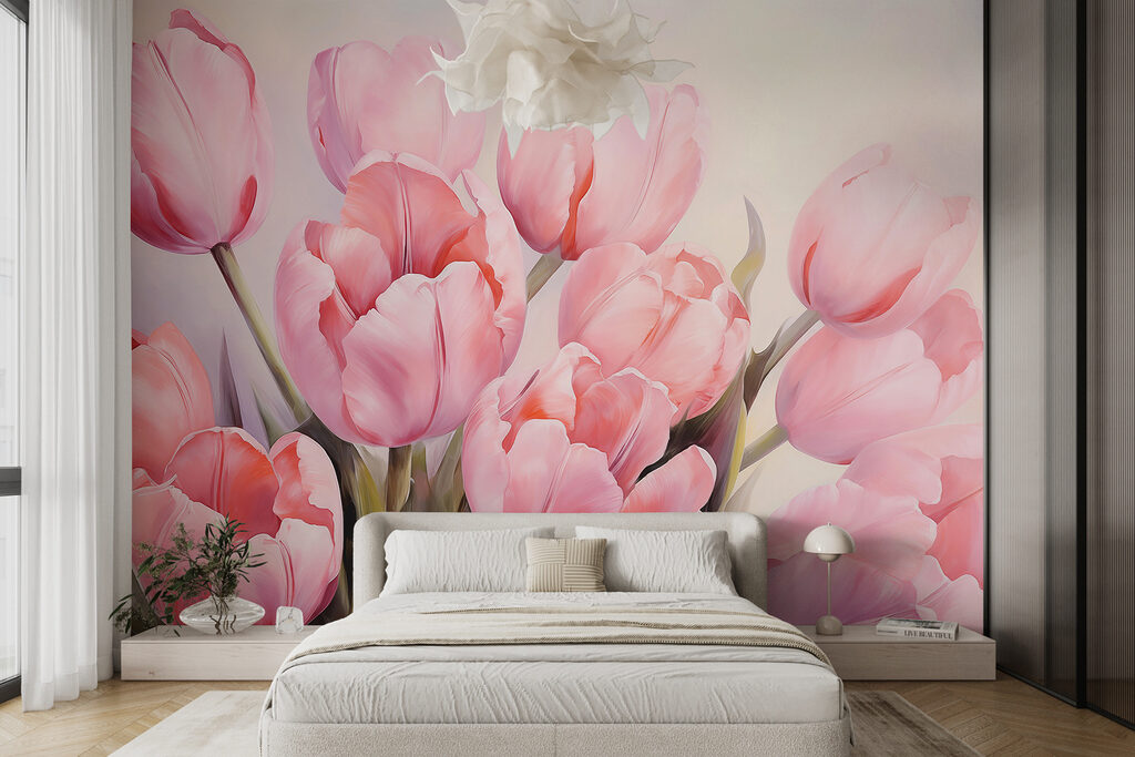 Tulipanes rosas apretados en un interior