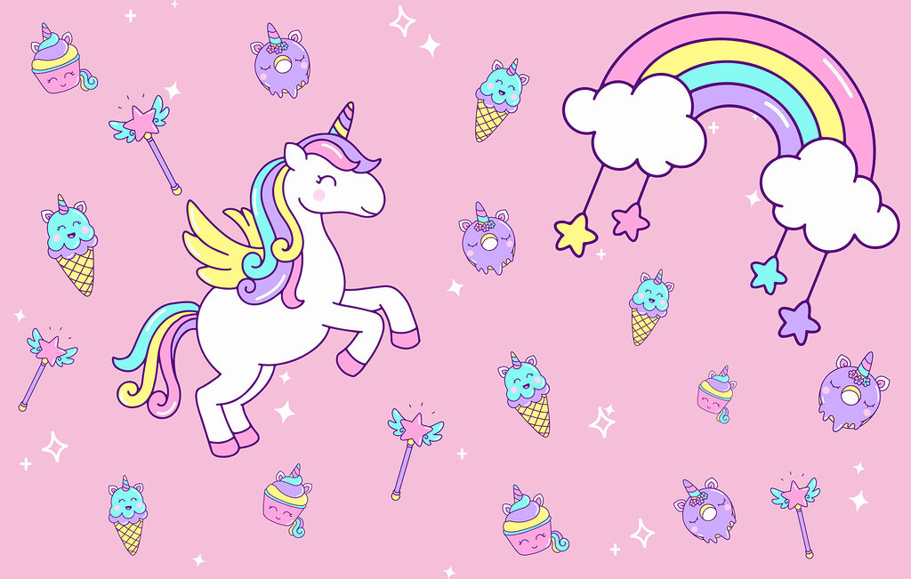 Unicornio entre caramelos rosas — diseño completo