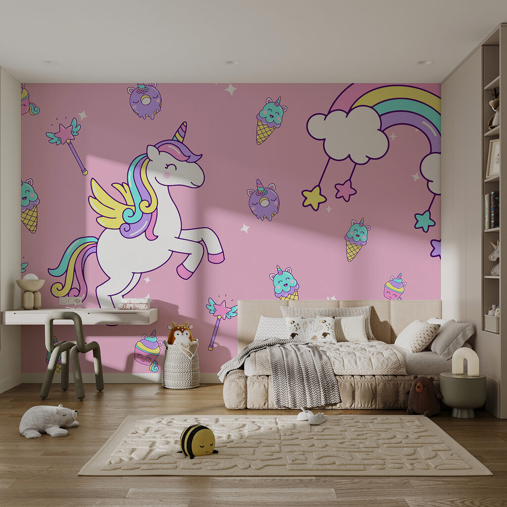 Unicornio entre caramelos rosas — interior 2