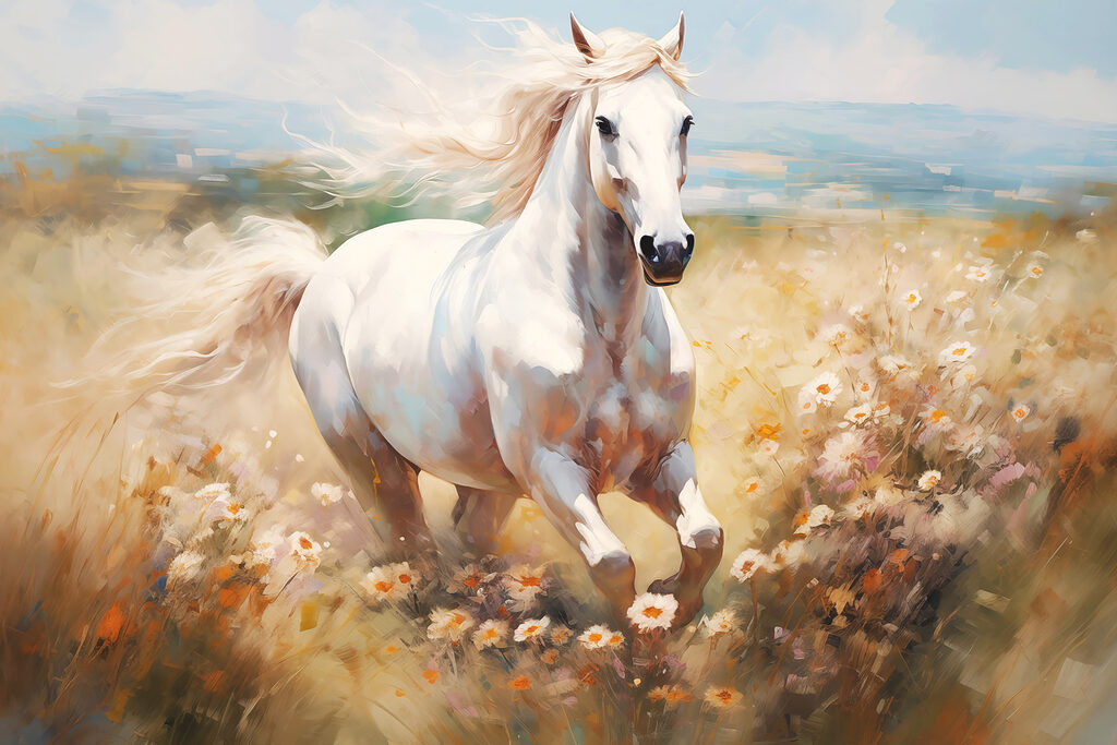 Caballo blanco entre flores — diseño completo