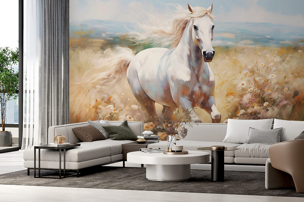 Caballo blanco entre flores en un interior