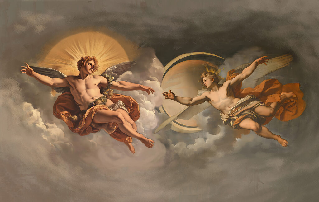 Figuras entre nubes pintadas — diseño completo