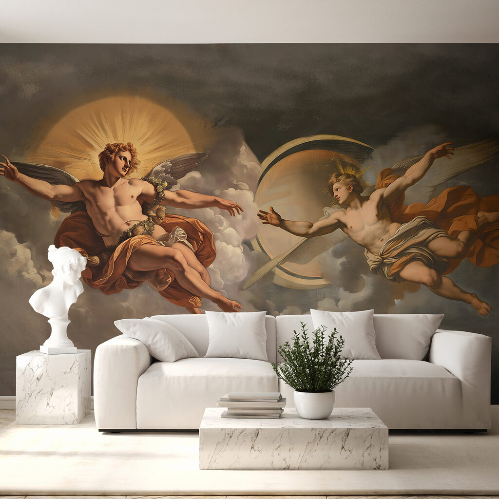 Figuras entre nubes pintadas en un interior