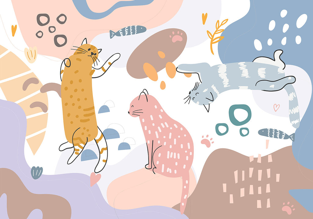 Gatos juguetones entre manchas — diseño completo