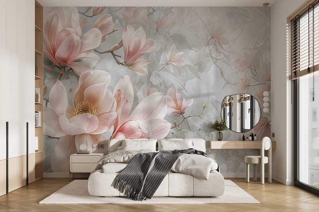 Flores rosas en gris en un interior