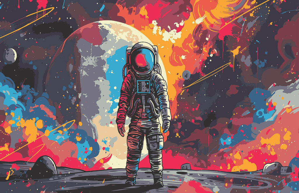 Astronauta entre salpicaduras — diseño completo
