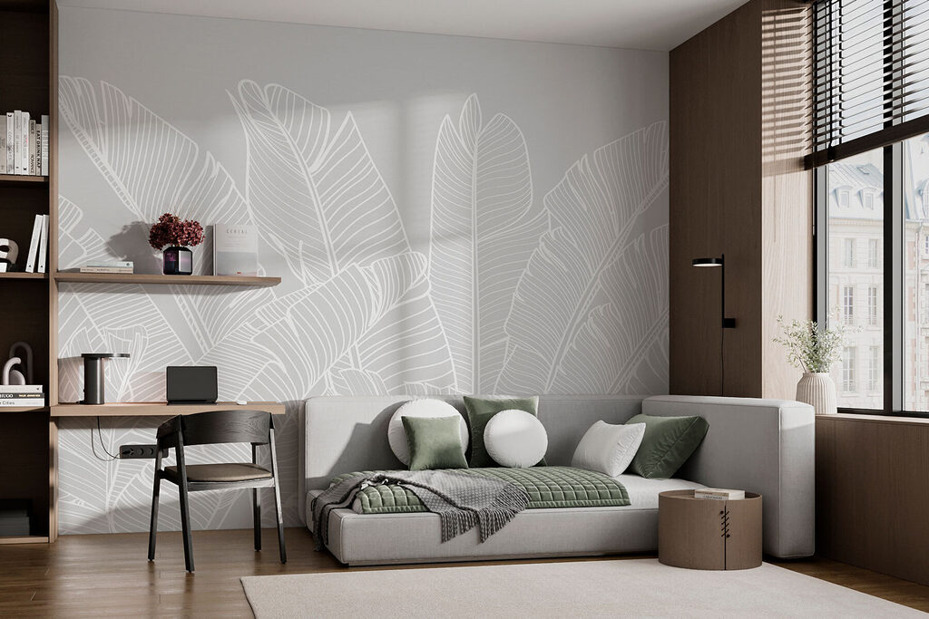 Hojas tropicales blancas en un interior