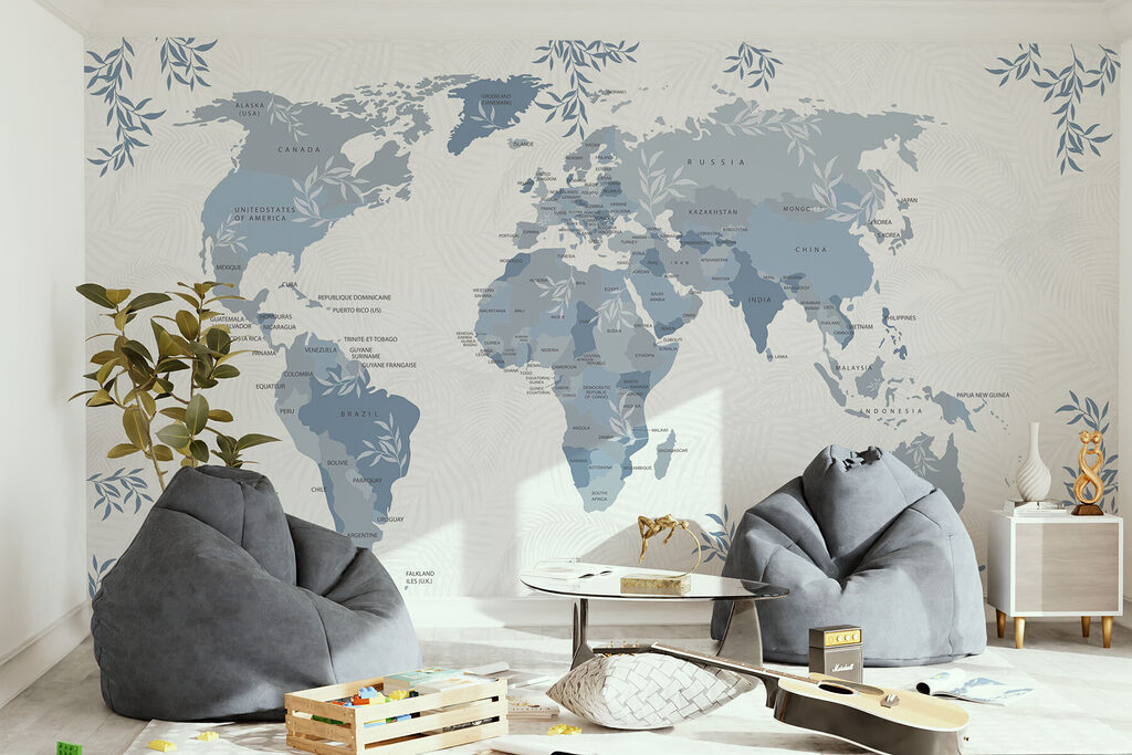 Mapa botánico del mundo en un interior