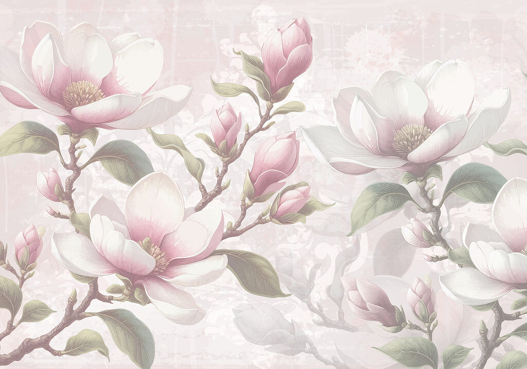 Magnolias rosas en gris — diseño completo
