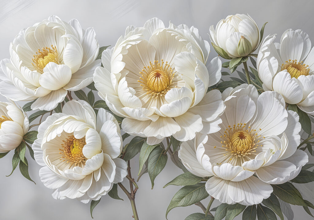 Flores blancas, corazones amarillos — diseño completo