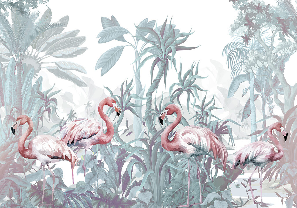 Flamencos entre plantas tropicales — diseño completo