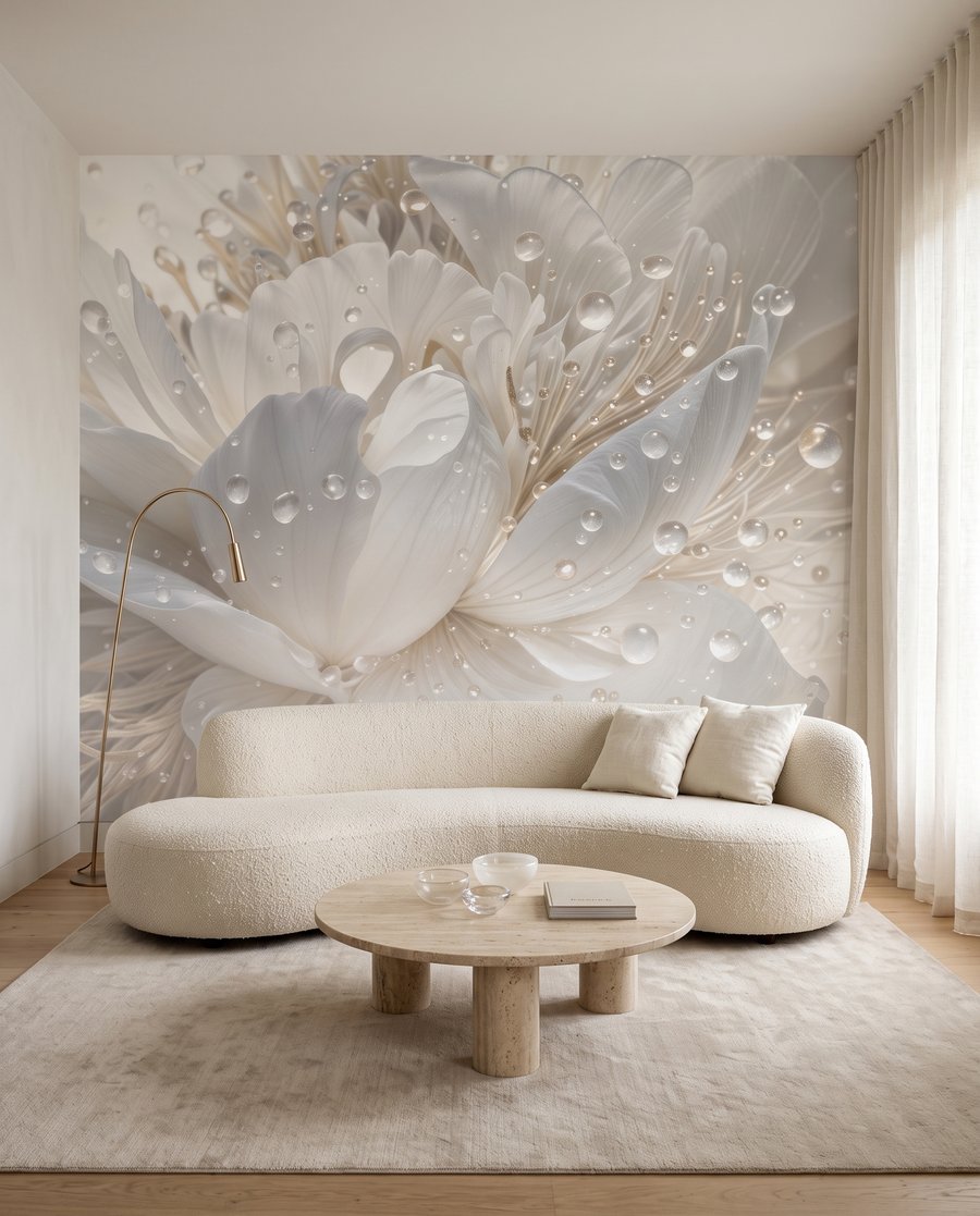Flor blanca con gotas en un interior