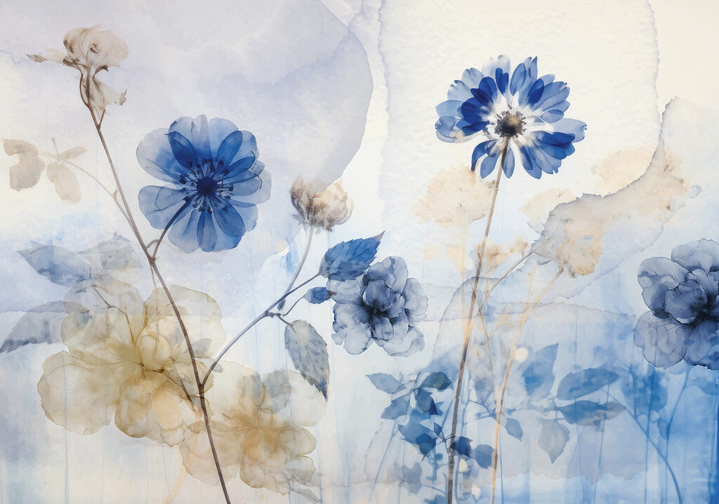 Flores azules, capas suaves — diseño completo