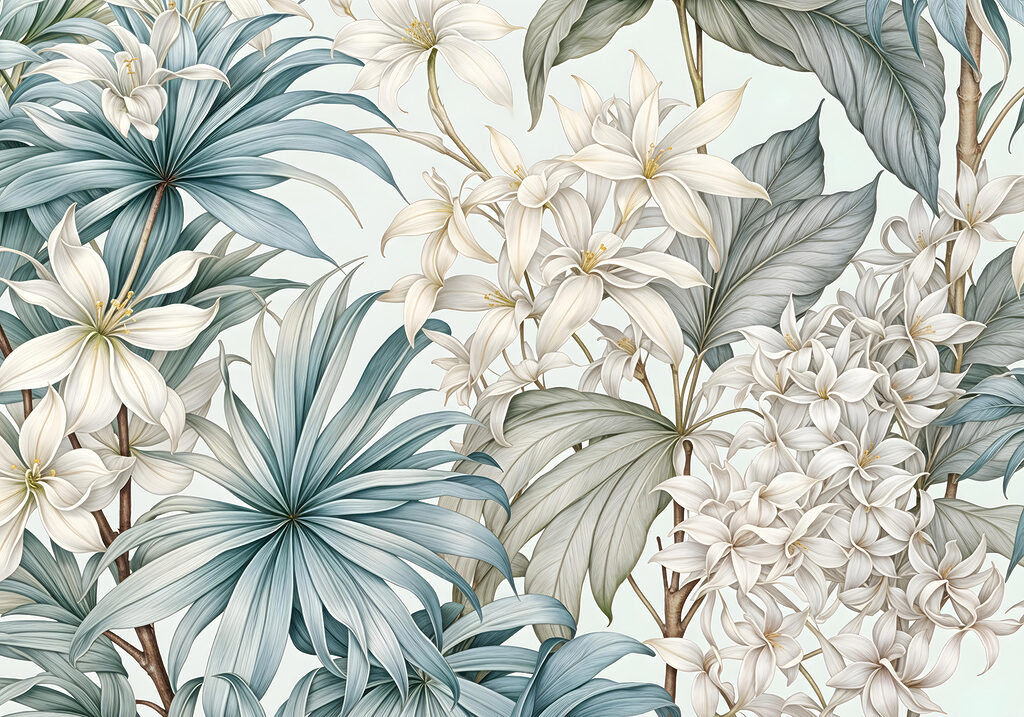 Flores entre hojas puntiagudas — diseño completo