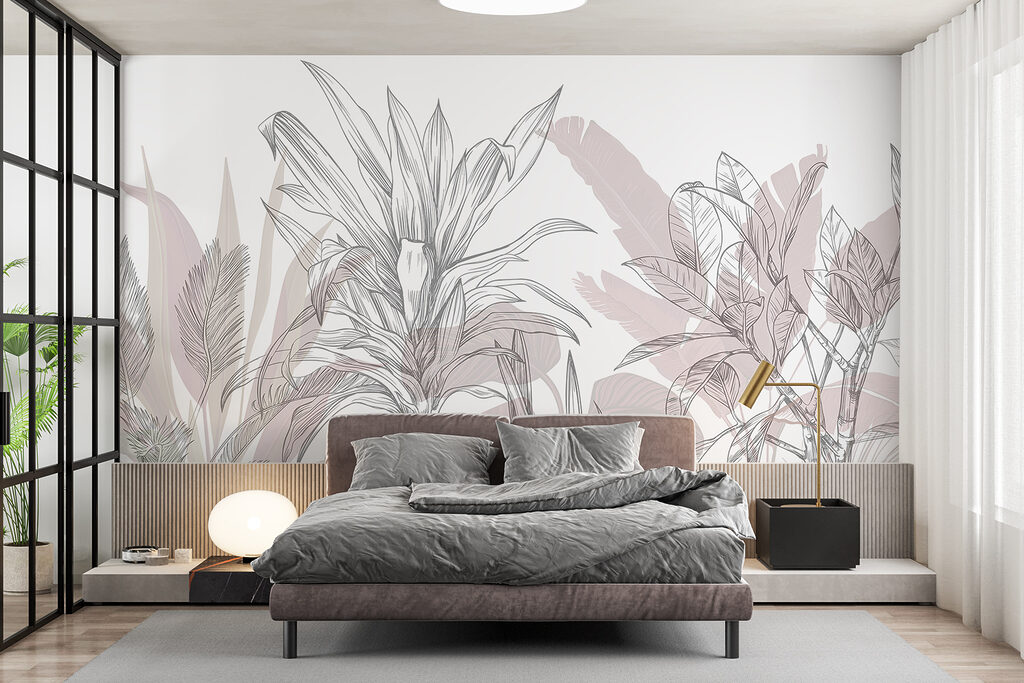 Plantas tropicales dibujadas en un interior