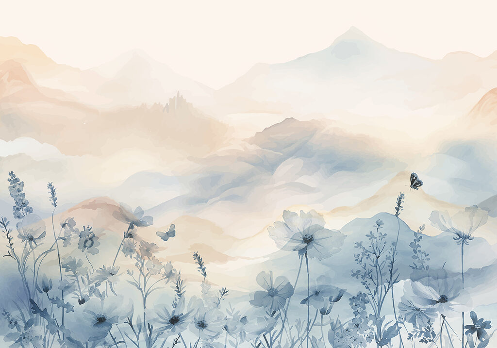 Flores azules ante montañas — diseño completo