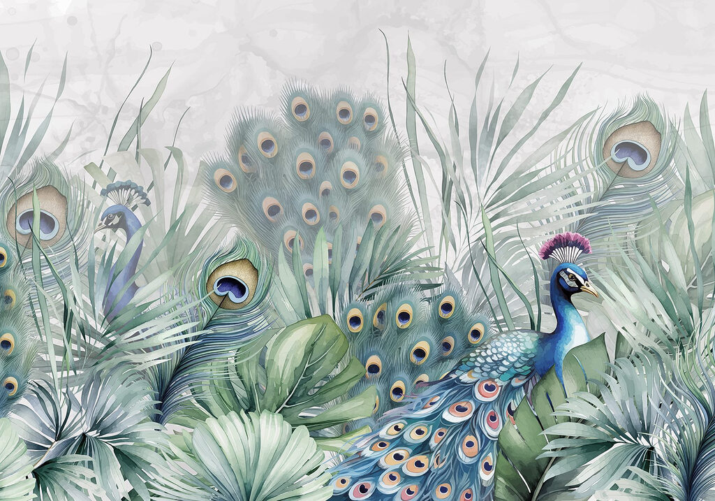 Pavo real entre plumas — diseño completo