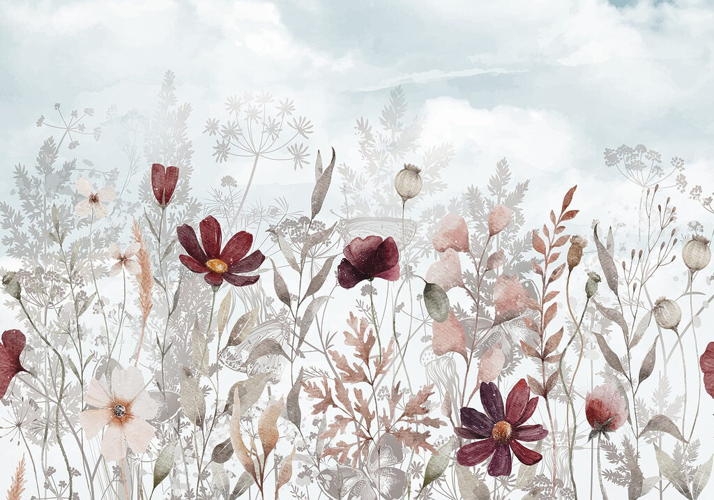 Flores burdeos entre hierbas — diseño completo