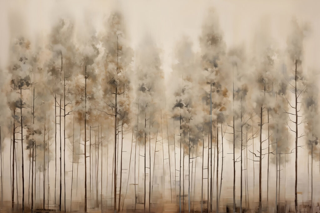 Pinos altos en niebla — diseño completo