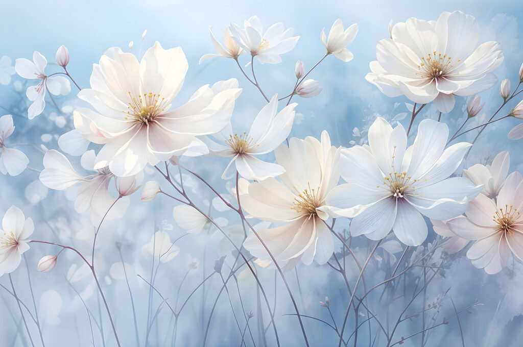 Flores en cielo sereno — diseño completo