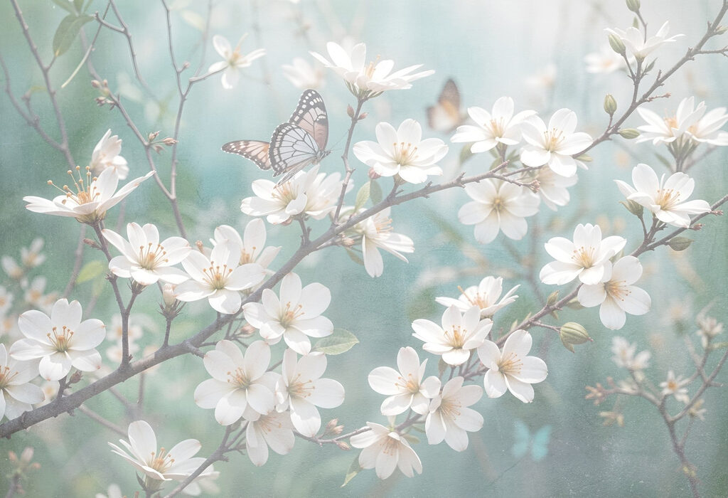 Mariposas en rama blanca — diseño completo