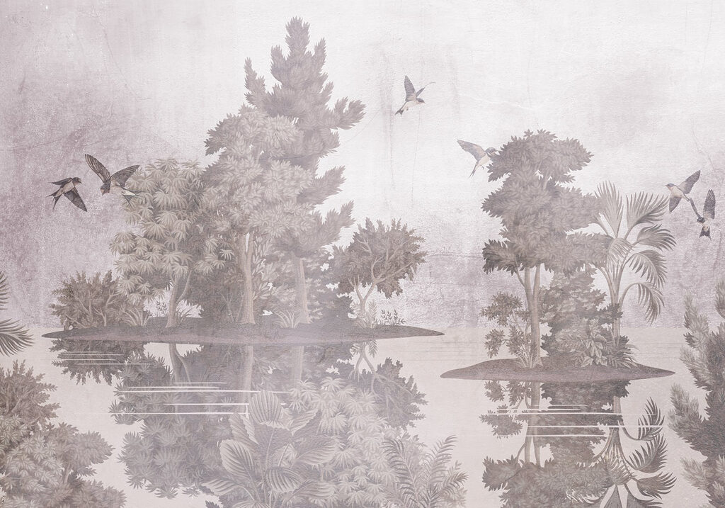 Aves sobre islas boscosas — diseño completo