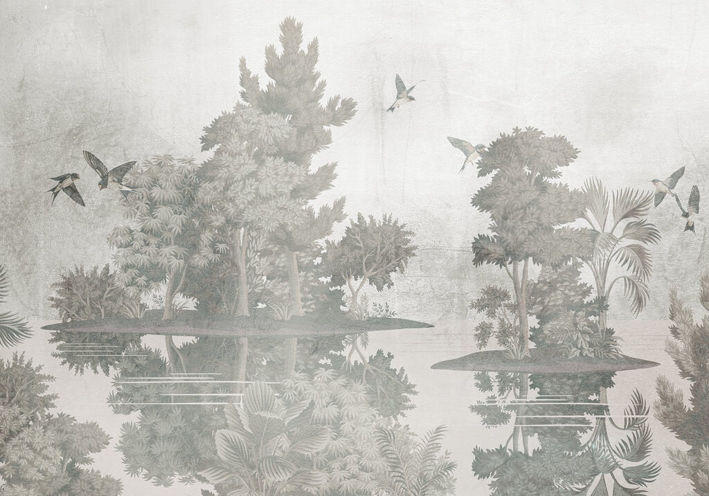 Aves sobre islas boscosas — diseño completo