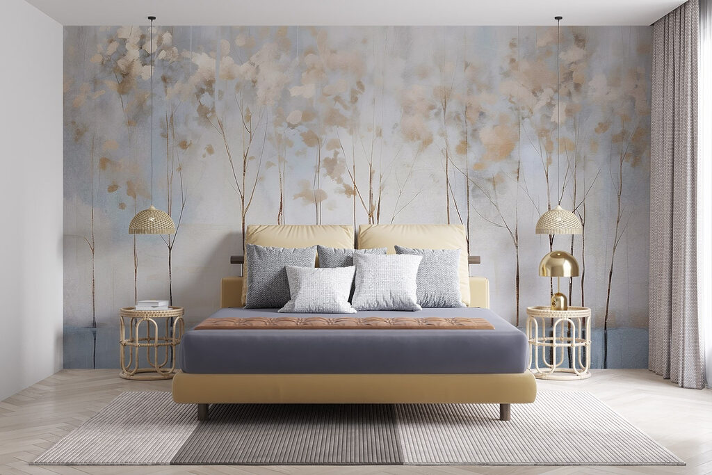 Tallos florales sobre azul en un interior