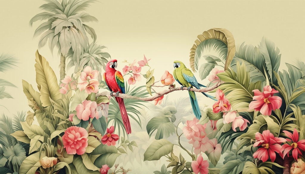 Loros entre flores tropicales — diseño completo