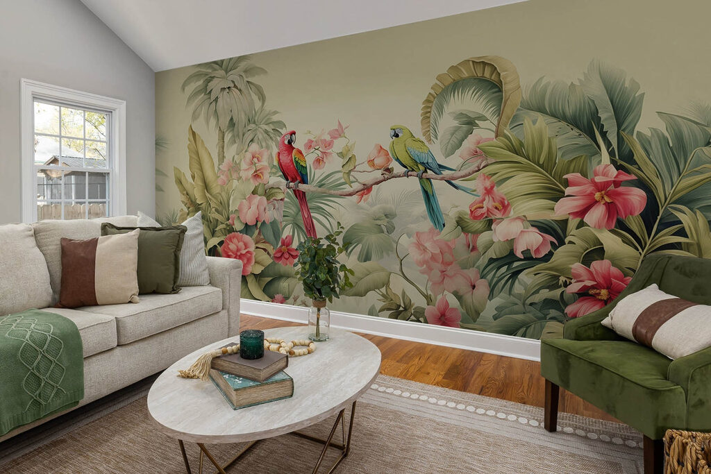 Loros entre flores tropicales en un interior