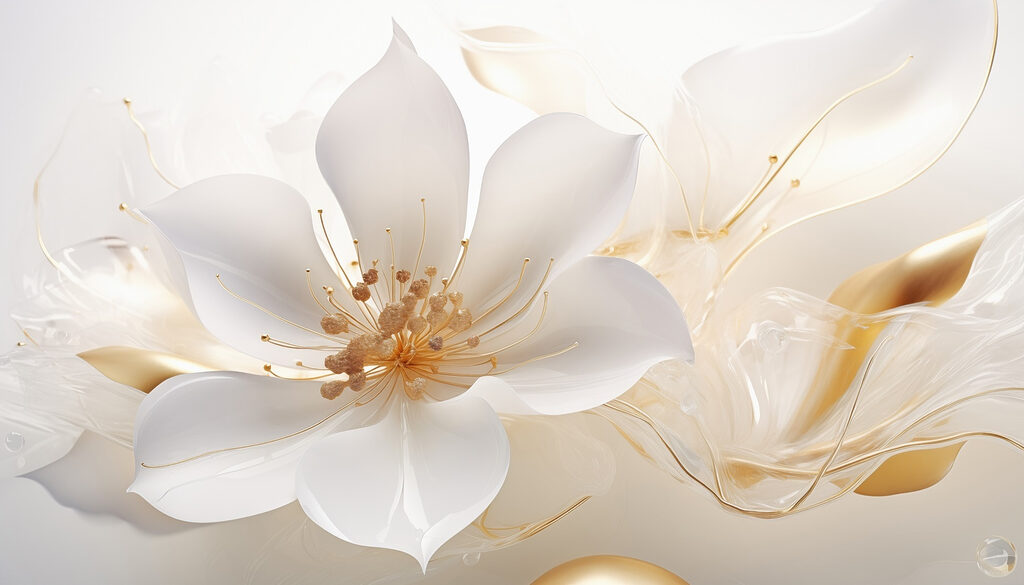 Flor blanca, trazos dorados — diseño completo