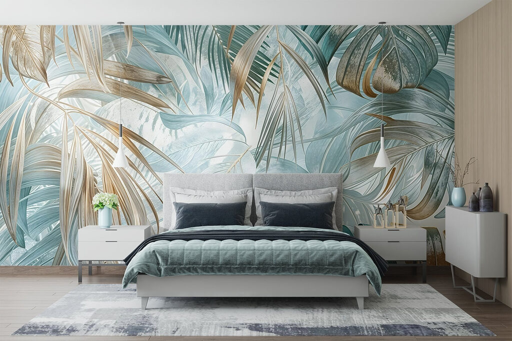 Hojas de palmera turquesa en un interior