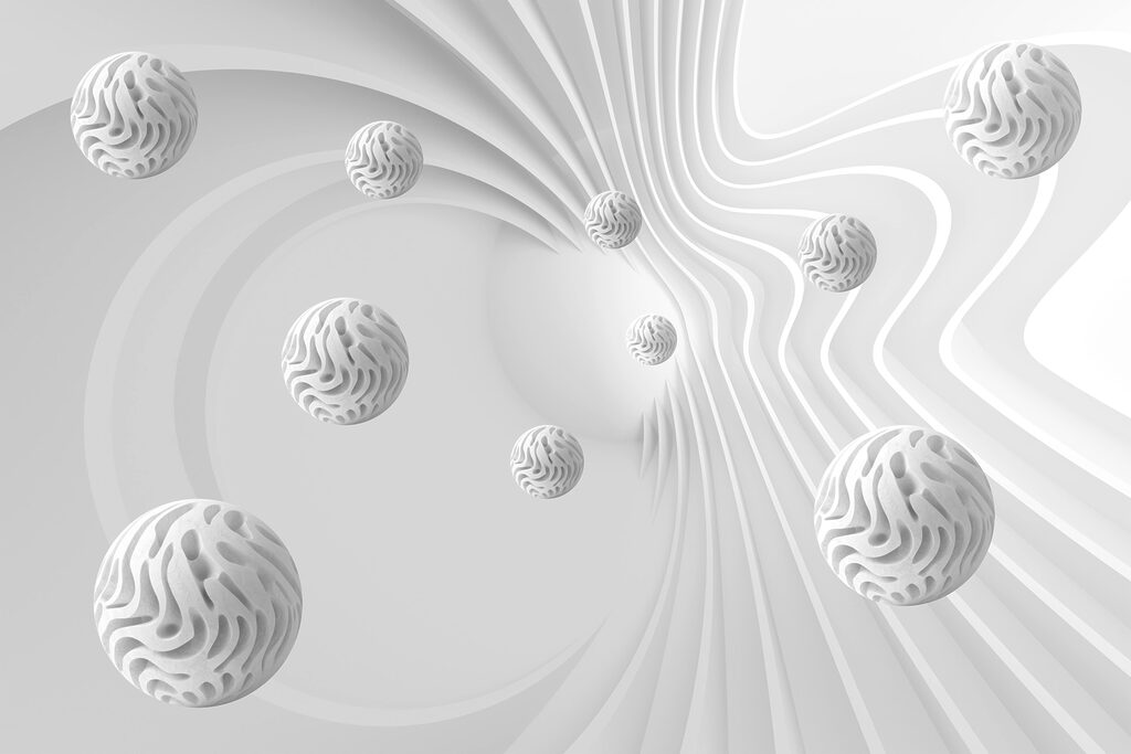 Esferas blancas entre líneas — diseño completo