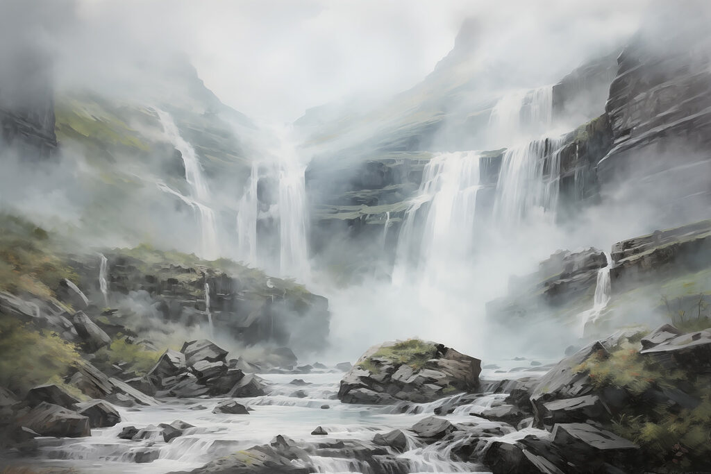 Cascada sobre rocas grises — diseño completo