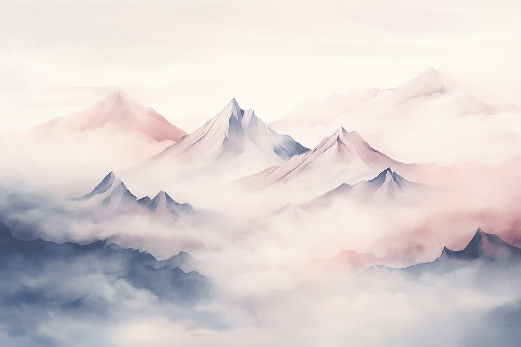 Montañas rosas en niebla — diseño completo