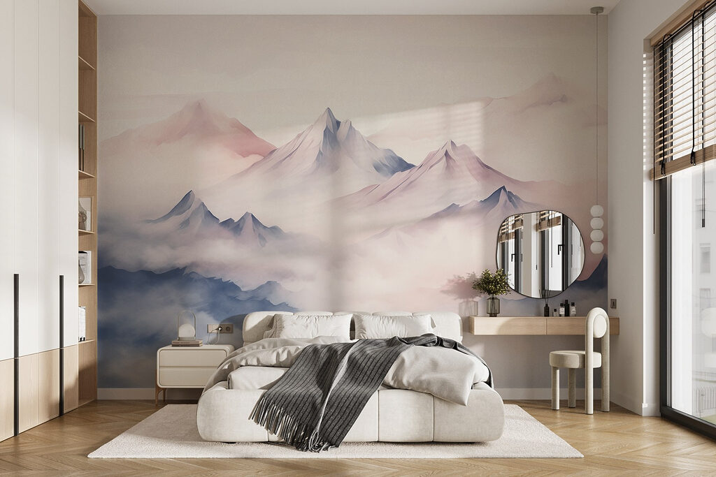 Montañas rosas en niebla en un interior