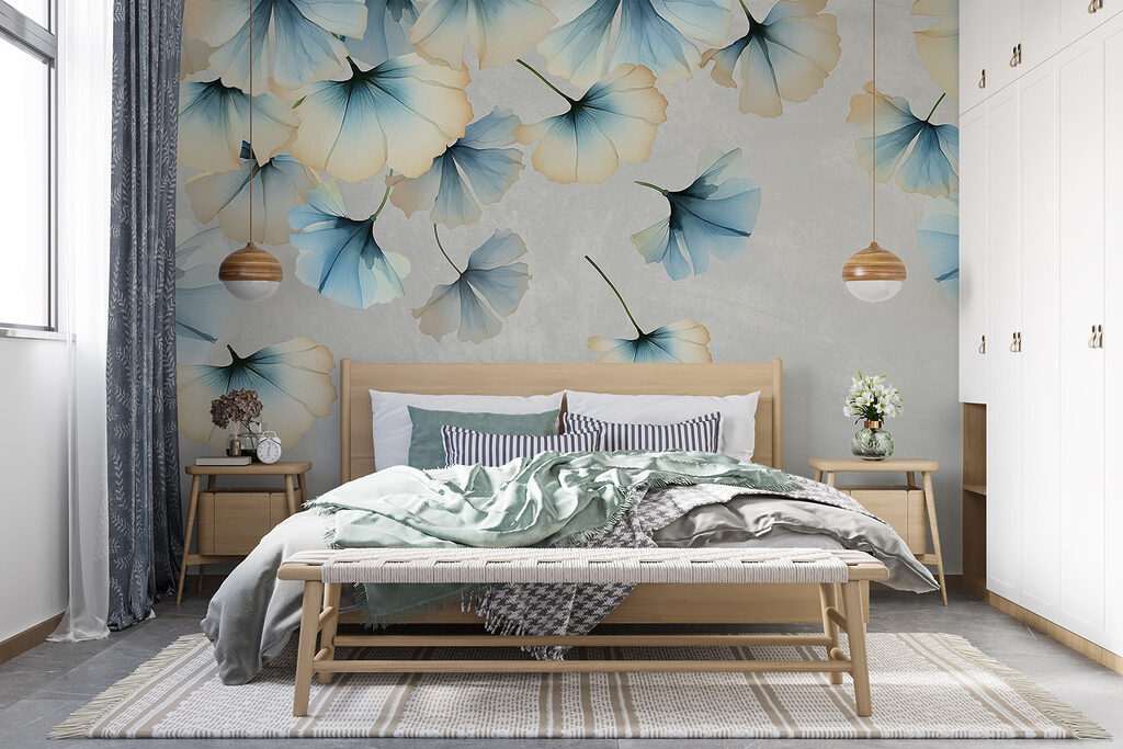 Hojas de ginkgo azules en un interior