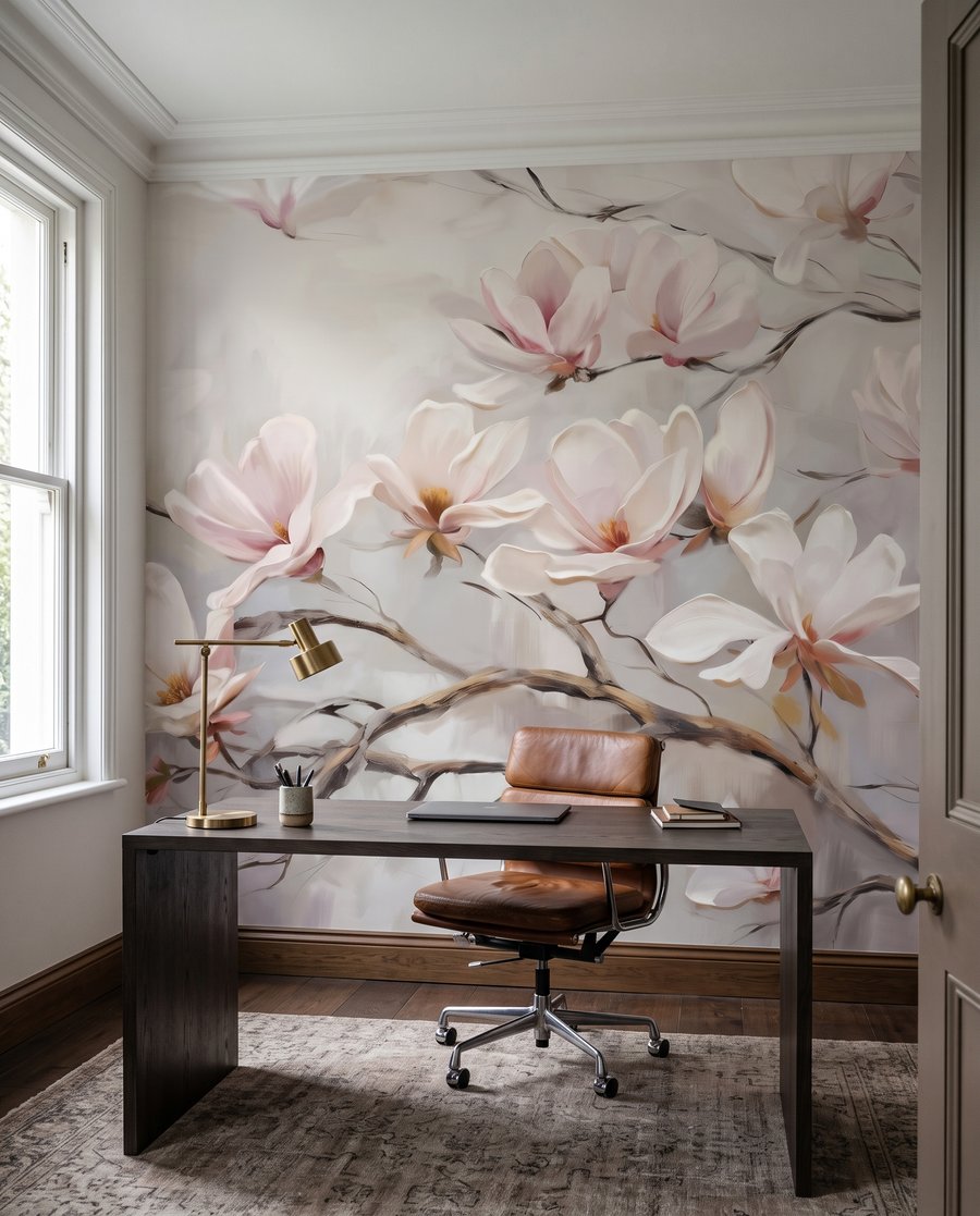 Flores blancas, rama oscura en un interior