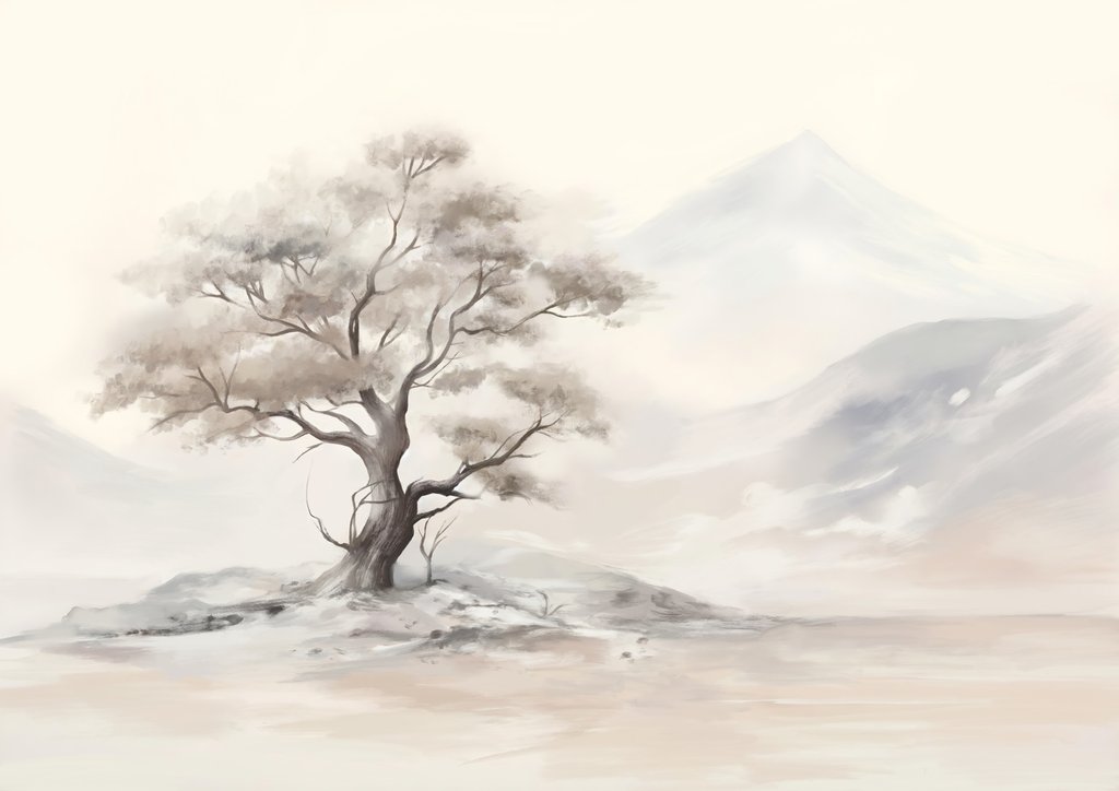 Árbol en paisaje brumoso — diseño completo