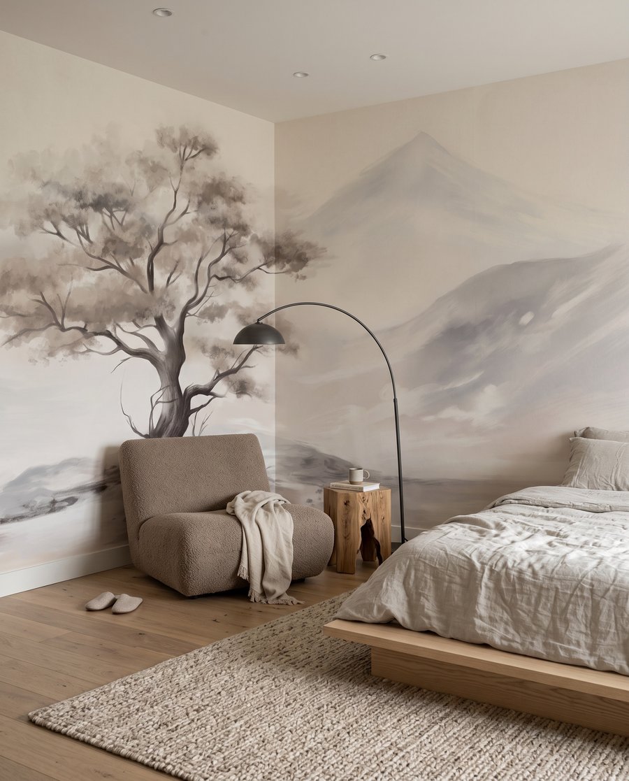 Árbol en paisaje brumoso en un interior