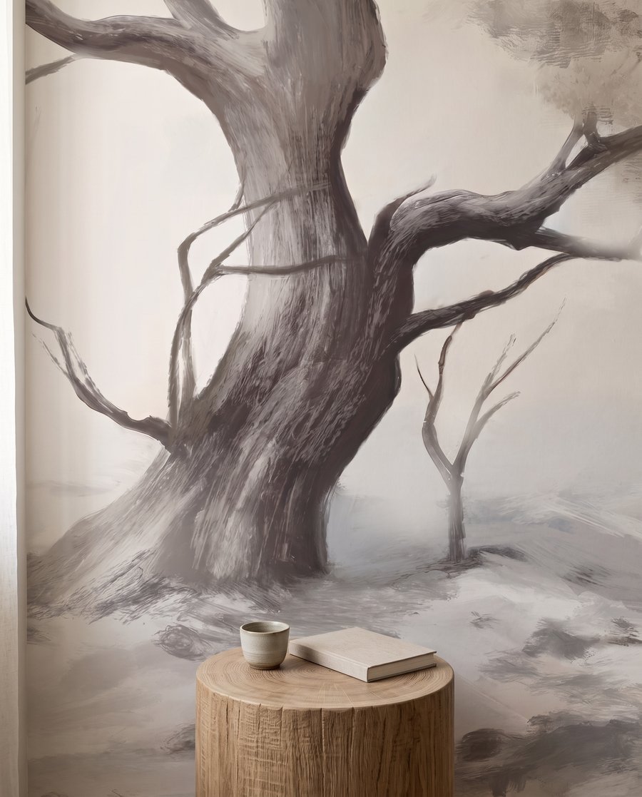 Árbol en paisaje brumoso — detalle