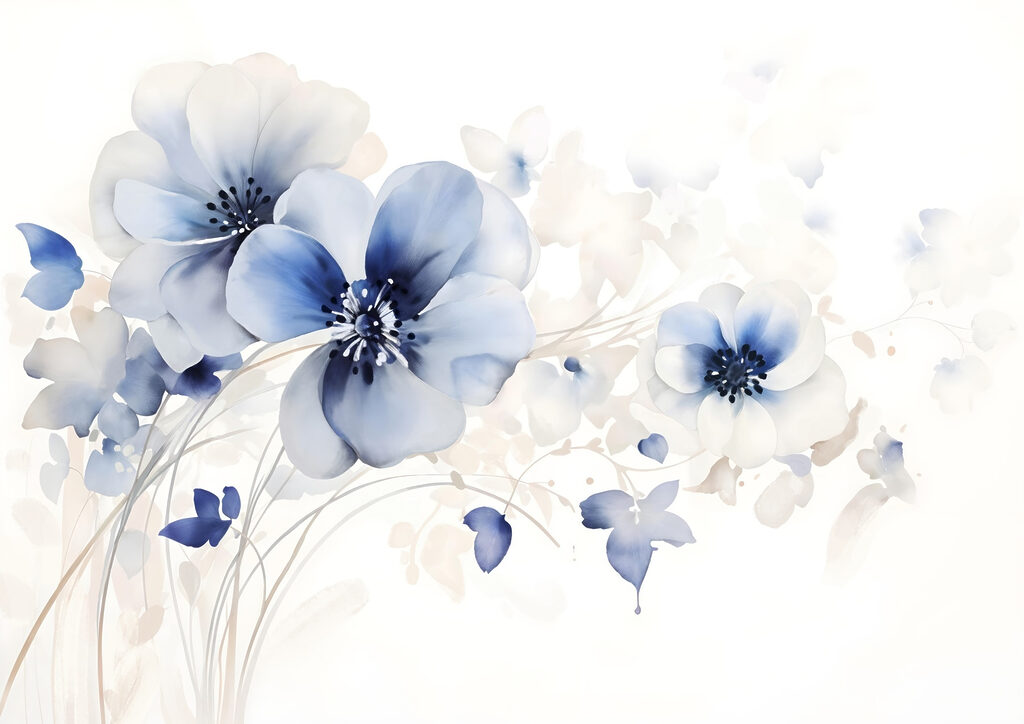 Tallos finos, flores azules — diseño completo