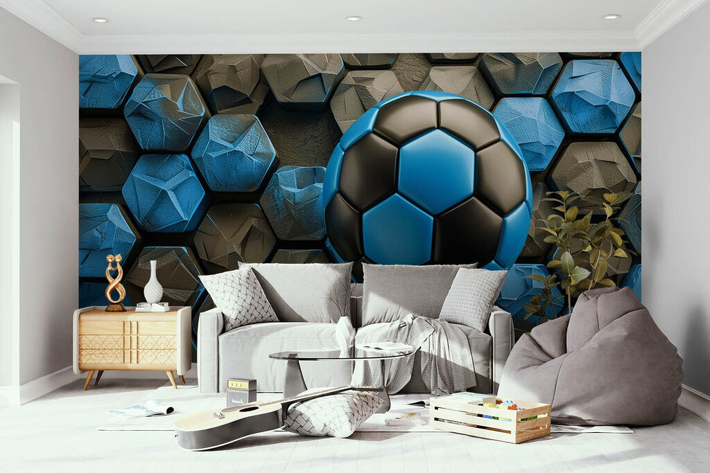 Balón azul entre hexágonos — interior 1