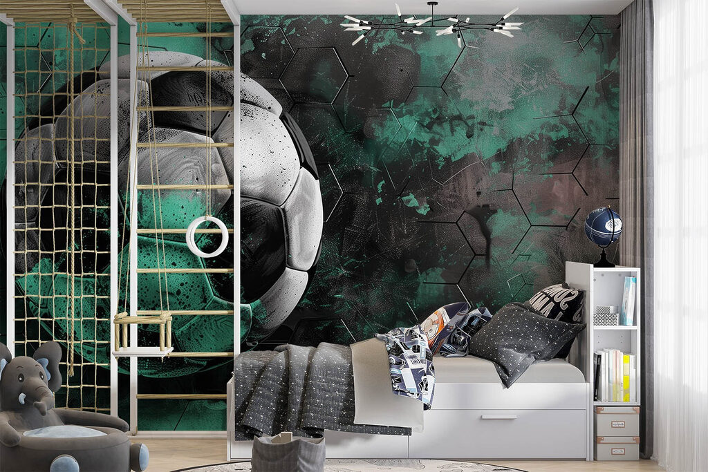 Balón verde entre sombras en un interior